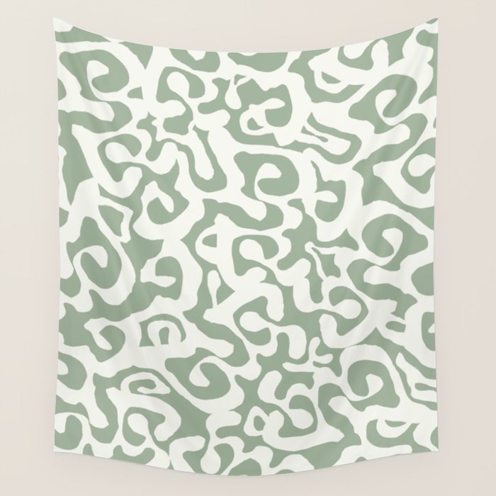 Sage Green and Off White Abstract Modern Scala Media Pattern Wall Tapestry Gallery Image 1