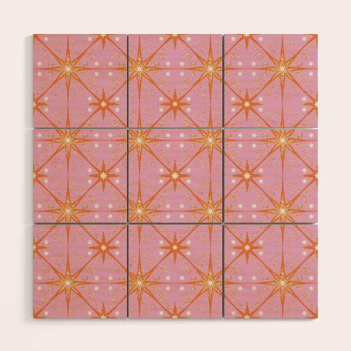 Elegant Gold Starburst on Pink Geometric Pattern Wood Wall Art Gallery Image 1