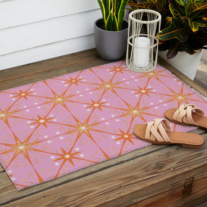 Elegant Gold Starburst on Pink Geometric Pattern Outdoor Rug Gallery Image 2