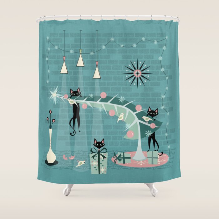 Retro Naughty Kitty Christmas Shower Curtain Gallery Image 1