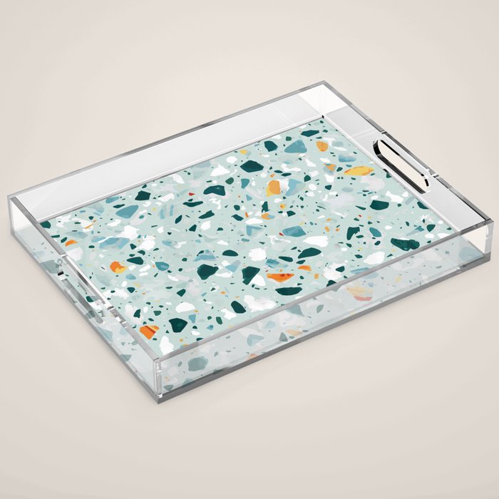 Mint Terrazzo, Eclectic Marble Texture Pattern, Colorful Neutral Pastel Illustration, Floor Tiles Acrylic Tray Gallery Image 1