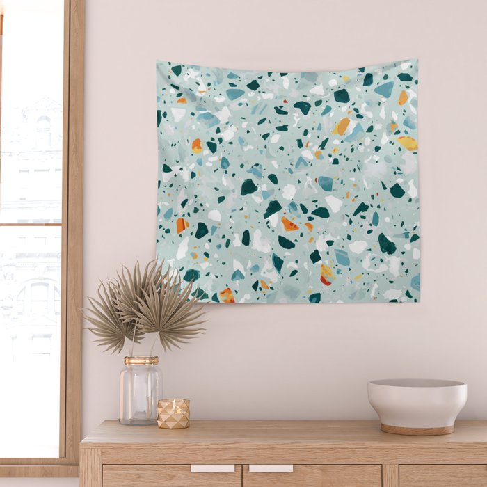 Mint Terrazzo, Eclectic Marble Texture Pattern, Colorful Neutral Pastel Illustration, Floor Tiles Wall Tapestry Gallery Image 2