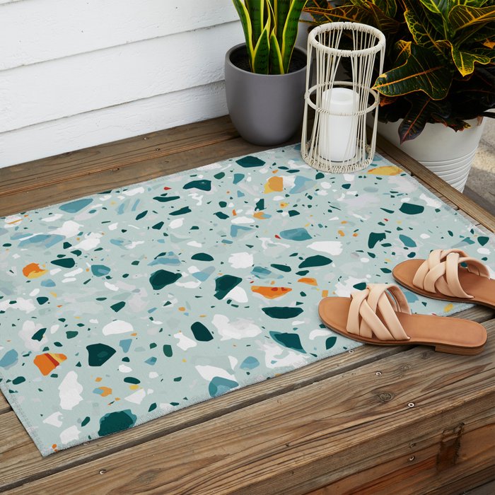 Mint Terrazzo, Eclectic Marble Texture Pattern, Colorful Neutral Pastel Illustration, Floor Tiles Outdoor Rug Gallery Image 2