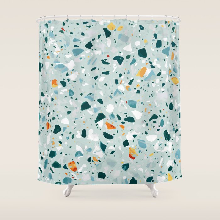 Mint Terrazzo, Eclectic Marble Texture Pattern, Colorful Neutral Pastel Illustration, Floor Tiles Shower Curtain Gallery Image 1