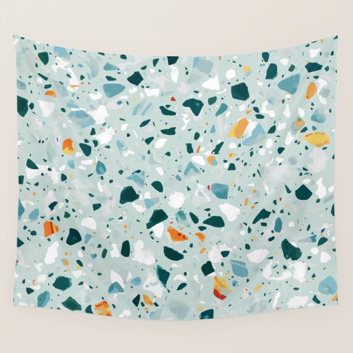 Mint Terrazzo, Eclectic Marble Texture Pattern, Colorful Neutral Pastel Illustration, Floor Tiles Wall Tapestry Gallery Image 1