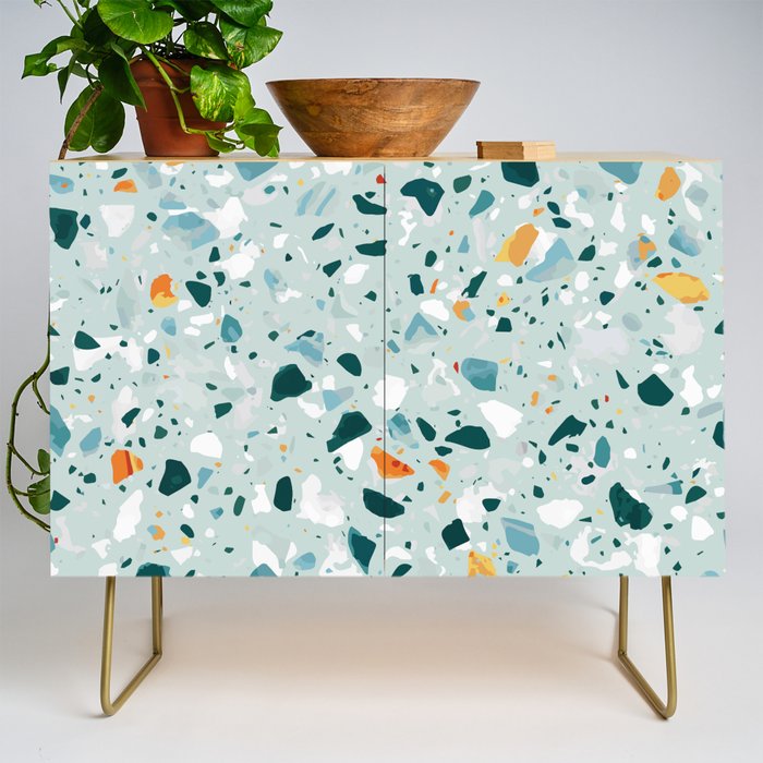 Mint Terrazzo, Eclectic Marble Texture Pattern, Colorful Neutral Pastel Illustration, Floor Tiles Credenza Gallery Image 1