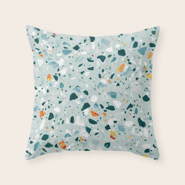 Mint Terrazzo, Eclectic Marble Texture Pattern, Colorful Neutral Pastel Illustration, Floor Tiles Throw Pillow Gallery Image 6