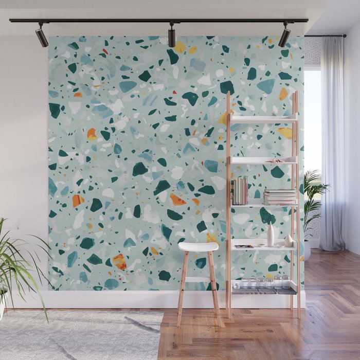 Mint Terrazzo, Eclectic Marble Texture Pattern, Colorful Neutral Pastel Illustration, Floor Tiles Wall Mural Gallery Image 1