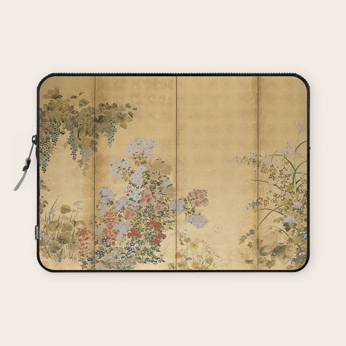 Japanese Edo Period Six-Panel Gold Leaf Screen - Spring and Autumn Flowers Laptop Sleeve Gallery Image 1