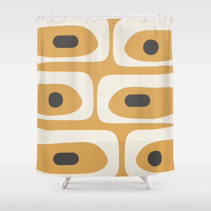 Mid Century Modern Piquet Pattern in Cream, Mustard Gold, and Charcoal Gray Shower Curtain Gallery Image 1