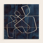 Minimalist Minimal Line Drawing Maze Dark Navy Blue Painting Mid Century Modern Cool Funky Trendy Wood Wall Art Gallery Image 1