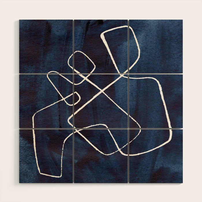 Minimalist Minimal Line Drawing Maze Dark Navy Blue Painting Mid Century Modern Cool Funky Trendy Wood Wall Art Gallery Image 1