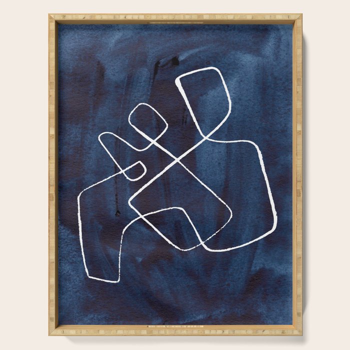 Minimalist Minimal Line Drawing Maze Dark Navy Blue Painting Mid Century Modern Cool Funky Trendy Serving Tray Gallery Image 1