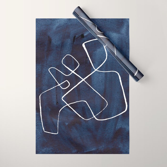 Minimalist Minimal Line Drawing Maze Dark Navy Blue Painting Mid Century Modern Cool Funky Trendy Wrapping Paper Gallery Image 1