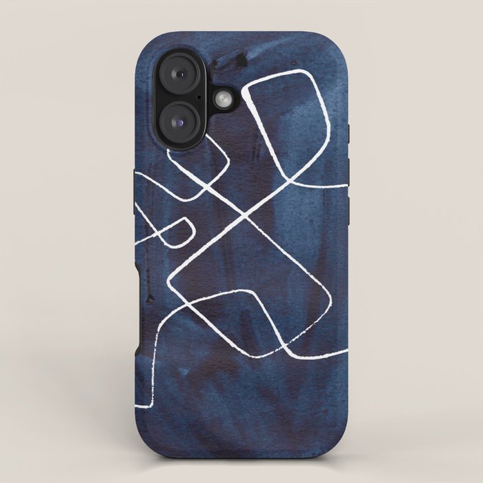 Minimalist Minimal Line Drawing Maze Dark Navy Blue Painting Mid Century Modern Cool Funky Trendy iPhone Case Gallery Image 1