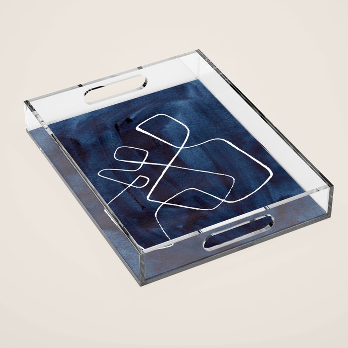 Minimalist Minimal Line Drawing Maze Dark Navy Blue Painting Mid Century Modern Cool Funky Trendy Acrylic Tray Gallery Image 1