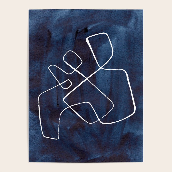 Minimalist Minimal Line Drawing Maze Dark Navy Blue Painting Mid Century Modern Cool Funky Trendy Poster Gallery Image 1