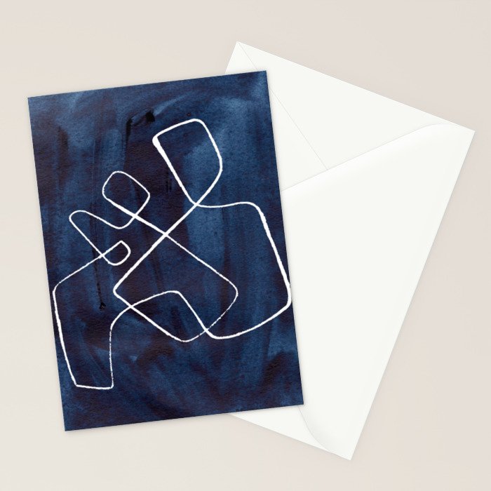 Minimalist Minimal Line Drawing Maze Dark Navy Blue Painting Mid Century Modern Cool Funky Trendy Stationery Card Gallery Image 2