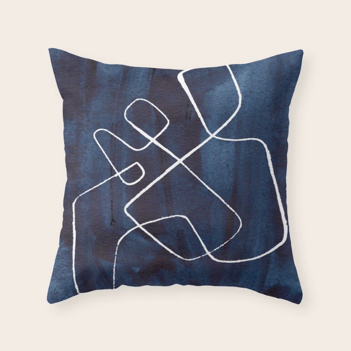 Minimalist Minimal Line Drawing Maze Dark Navy Blue Painting Mid Century Modern Cool Funky Trendy Throw Pillow Gallery Image 6