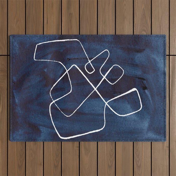 Minimalist Minimal Line Drawing Maze Dark Navy Blue Painting Mid Century Modern Cool Funky Trendy Outdoor Rug Gallery Image 1