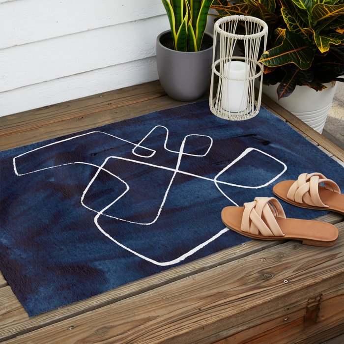 Minimalist Minimal Line Drawing Maze Dark Navy Blue Painting Mid Century Modern Cool Funky Trendy Outdoor Rug Gallery Image 2