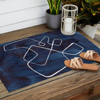 Minimalist Minimal Line Drawing Maze Dark Navy Blue Painting Mid Century Modern Cool Funky Trendy Outdoor Rug Gallery Image 2