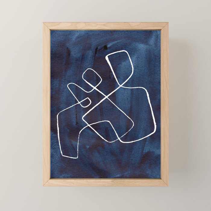 Minimalist Minimal Line Drawing Maze Dark Navy Blue Painting Mid Century Modern Cool Funky Trendy Mini Art Print Gallery Image 1