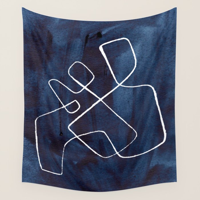 Minimalist Minimal Line Drawing Maze Dark Navy Blue Painting Mid Century Modern Cool Funky Trendy Wall Tapestry Gallery Image 4