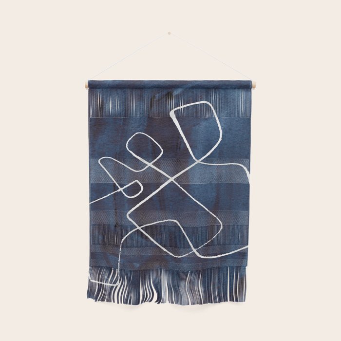 Minimalist Minimal Line Drawing Maze Dark Navy Blue Painting Mid Century Modern Cool Funky Trendy Wall Hanging Gallery Image 1