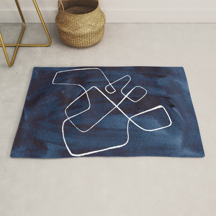 Minimalist Minimal Line Drawing Maze Dark Navy Blue Painting Mid Century Modern Cool Funky Trendy Rug Gallery Image 1