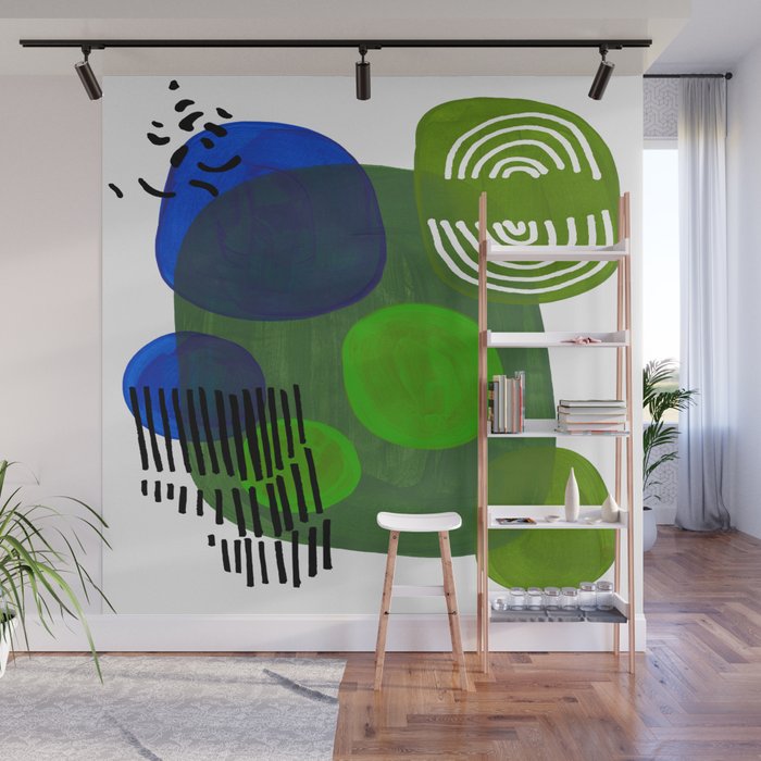 Modern Mid Century Fun Colorful Abstract Minimalist Painting Shapes & Patterns Swamp Monster Greens Wall Mural Gallery Image 1