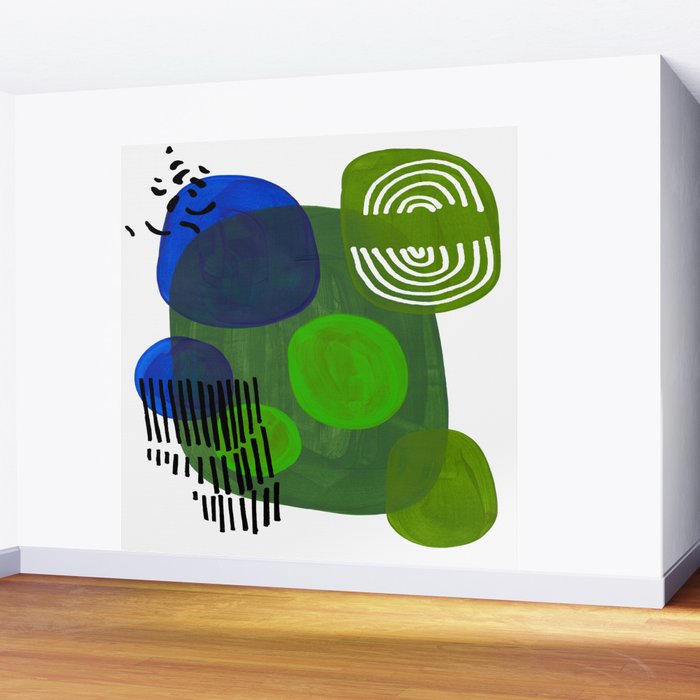 Modern Mid Century Fun Colorful Abstract Minimalist Painting Shapes & Patterns Swamp Monster Greens Wall Mural Gallery Image 2