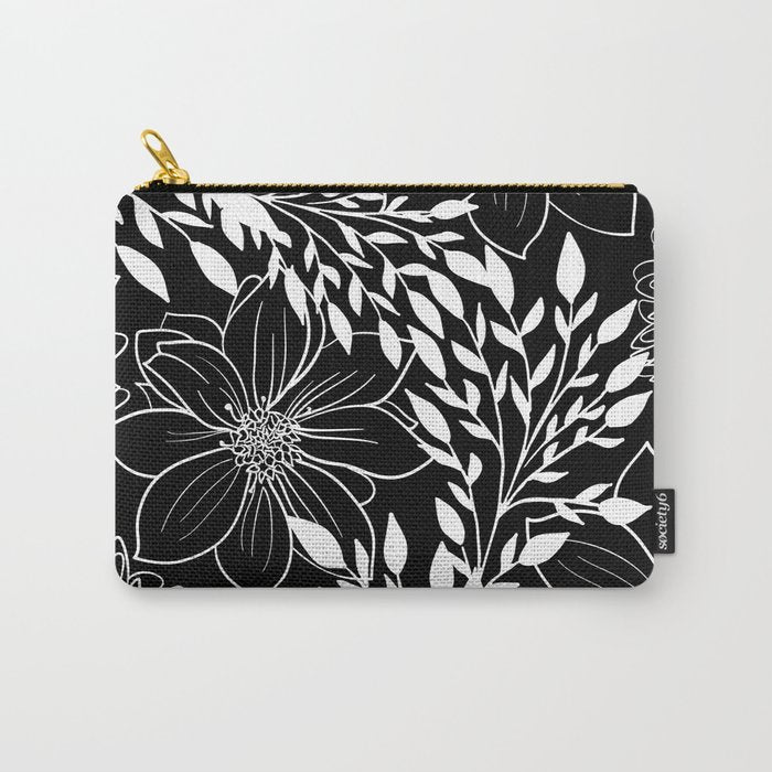 Floral Prints and Leaves, Line Art, Black and White Carry All Pouch Gallery Image 1