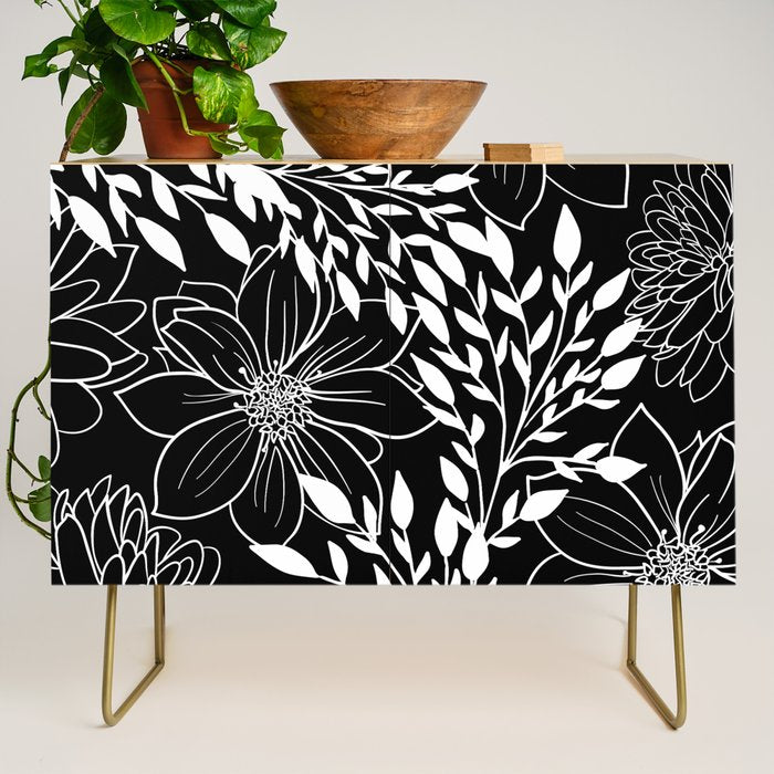 Floral Prints and Leaves, Line Art, Black and White Credenza Gallery Image 1