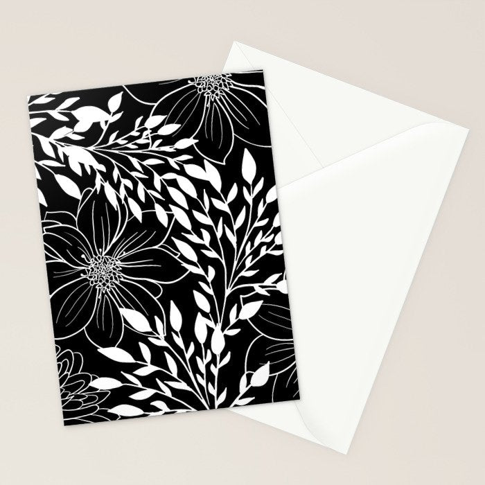 Floral Prints and Leaves, Line Art, Black and White Stationery Card Gallery Image 2