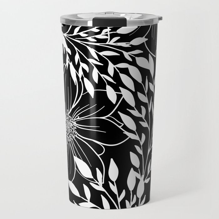 Floral Prints and Leaves, Line Art, Black and White Travel Mug Gallery Image 1