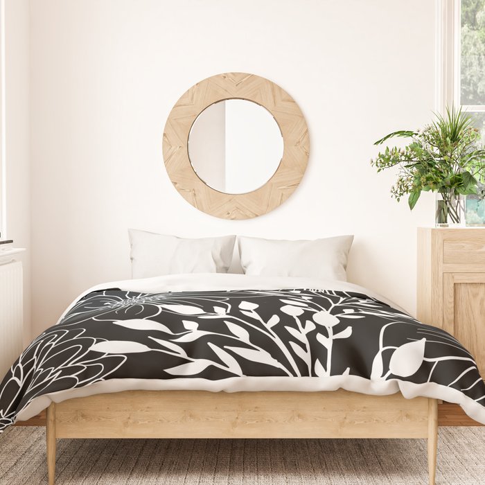 Floral Prints and Leaves, Line Art, Black and White Duvet Cover Gallery Image 3