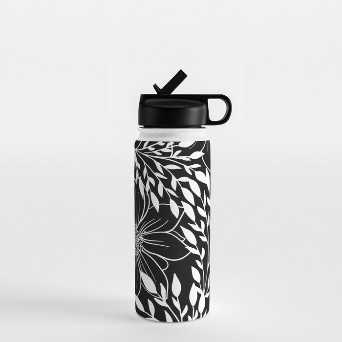 Floral Prints and Leaves, Line Art, Black and White Water Bottle Gallery Image 1