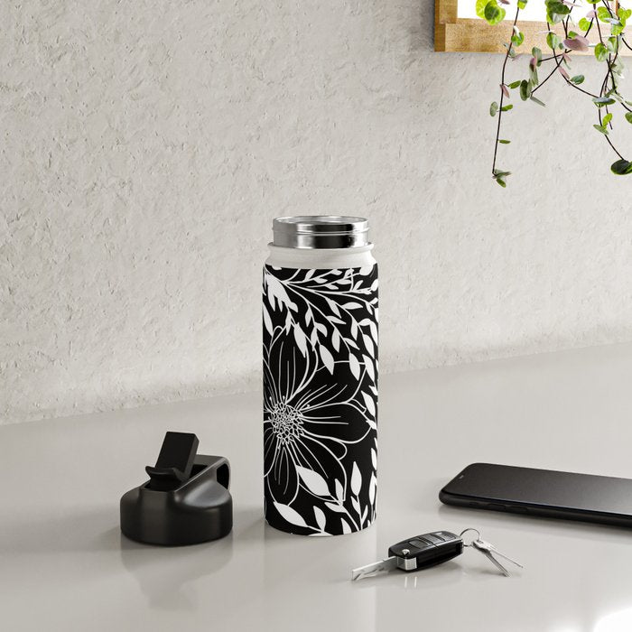 Floral Prints and Leaves, Line Art, Black and White Water Bottle Gallery Image 4