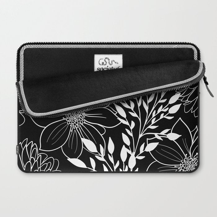 Floral Prints and Leaves, Line Art, Black and White Laptop Sleeve Gallery Image 2