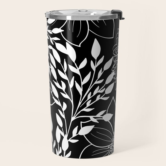 Floral Prints and Leaves, Line Art, Black and White Travel Mug Gallery Image 2