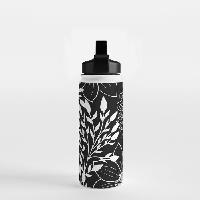 Floral Prints and Leaves, Line Art, Black and White Water Bottle Gallery Image 2