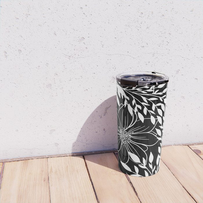 Floral Prints and Leaves, Line Art, Black and White Travel Mug Gallery Image 4
