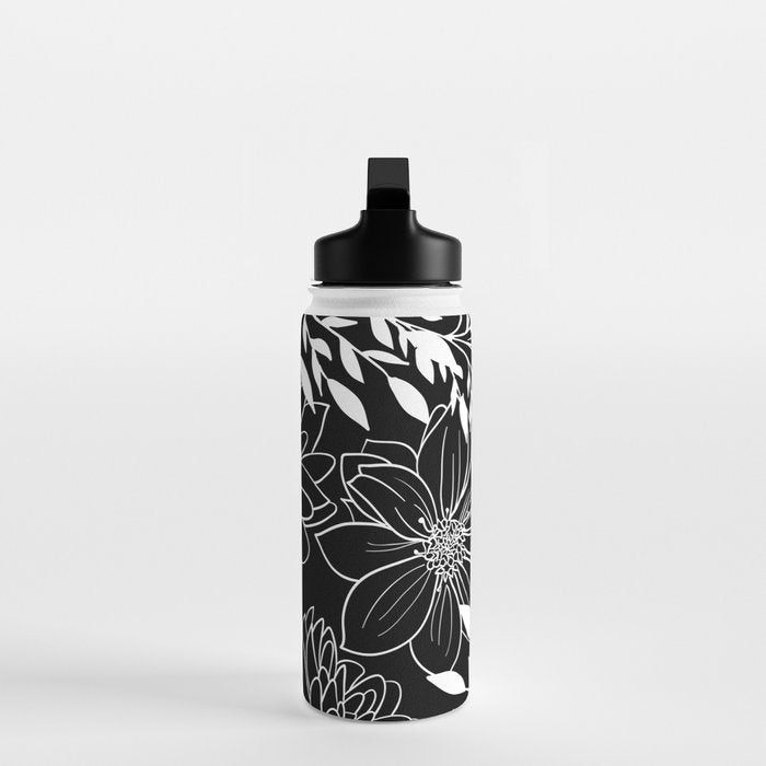 Floral Prints and Leaves, Line Art, Black and White Water Bottle Gallery Image 3