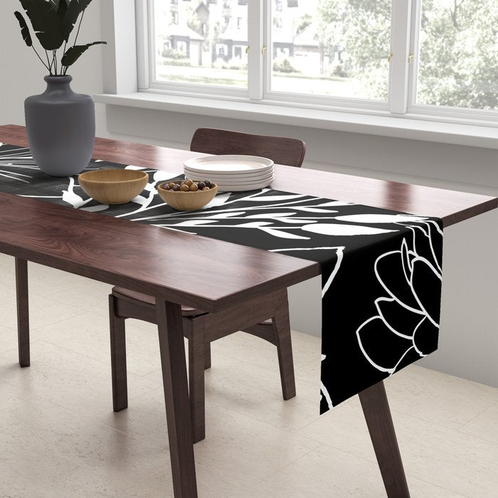 Floral Prints and Leaves, Line Art, Black and White Table Runner Gallery Image 2