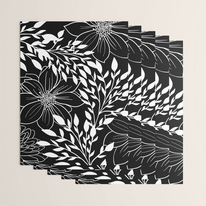 Floral Prints and Leaves, Line Art, Black and White Wrapping Paper Gallery Image 3