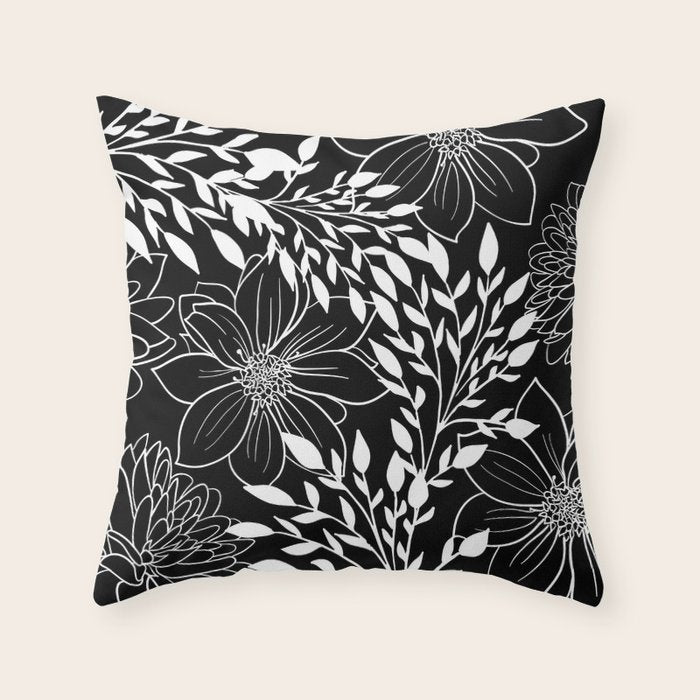 Floral Prints and Leaves, Line Art, Black and White Throw Pillow Gallery Image 1