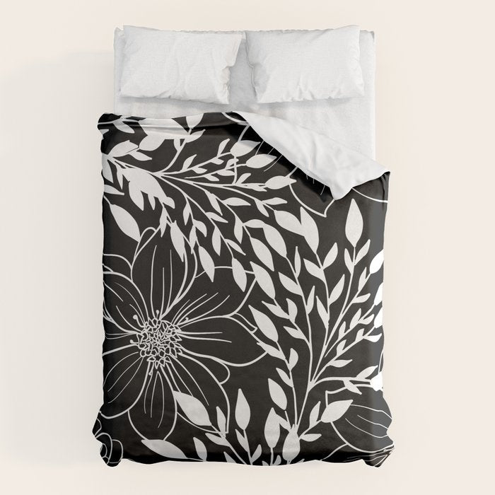Floral Prints and Leaves, Line Art, Black and White Duvet Cover Gallery Image 6