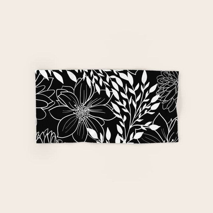 Floral Prints and Leaves, Line Art, Black and White Bath Towel Gallery Image 1