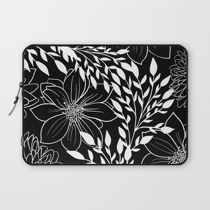 Floral Prints and Leaves, Line Art, Black and White Laptop Sleeve Gallery Image 1